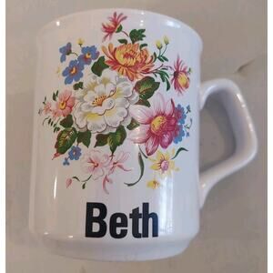TAMS Made In England Beth Name & Flowers Coffee Mug - Vintage MCM White
